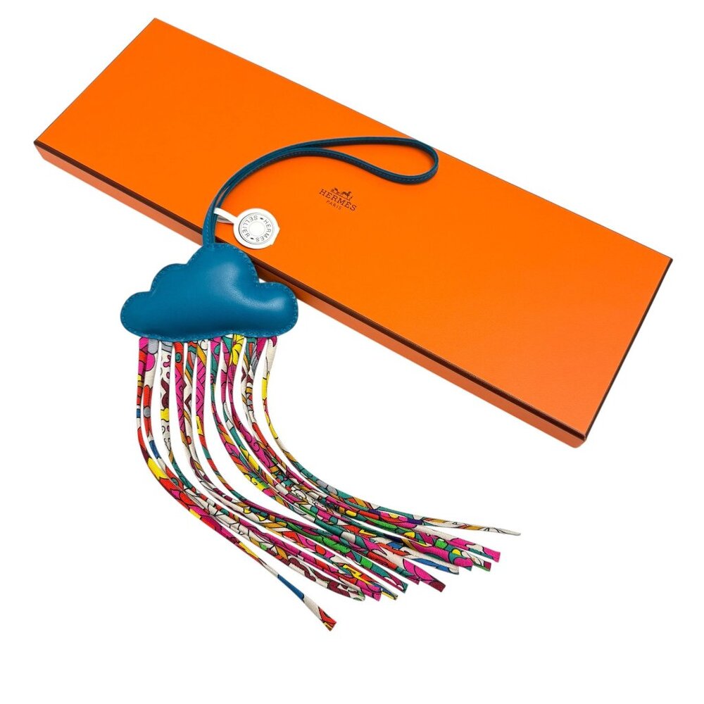 HERMES Petit H Teal Blue Milo Lambskin Leather & Silk Chord Cloud Bag Charm